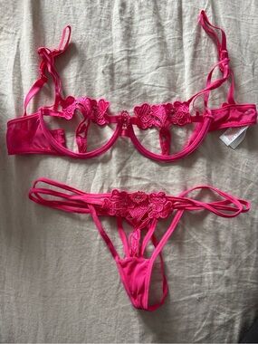 Bluebella Hot Pink Floral Lace Open Bra and Strappy Thong Set